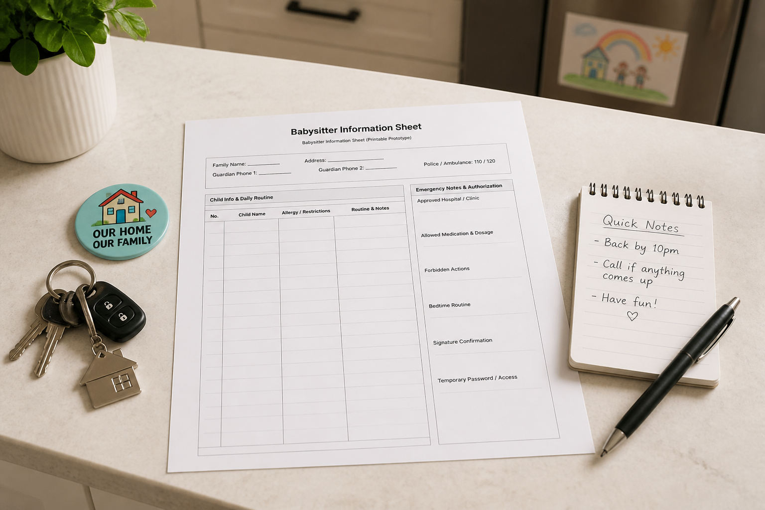 Babysitter information sheet printable template