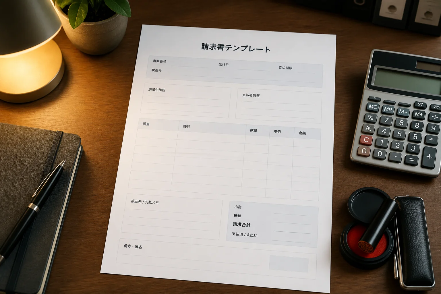 請求書テンプレートと印鑑・電卓のあるデスク