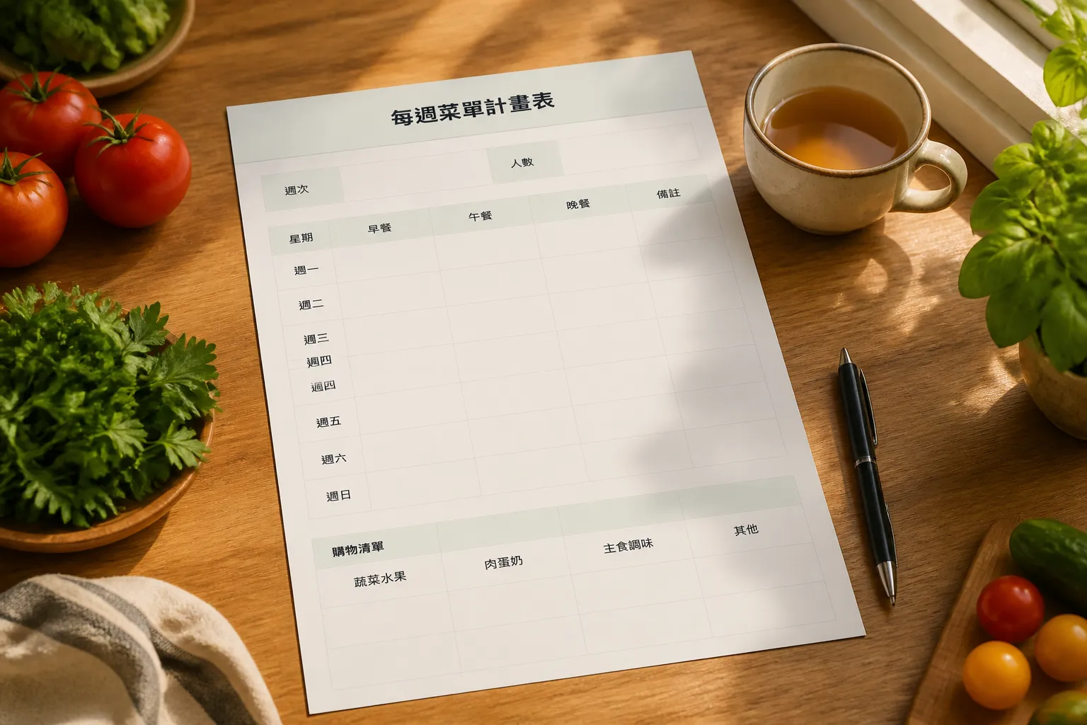 每週菜單計畫表模板預覽