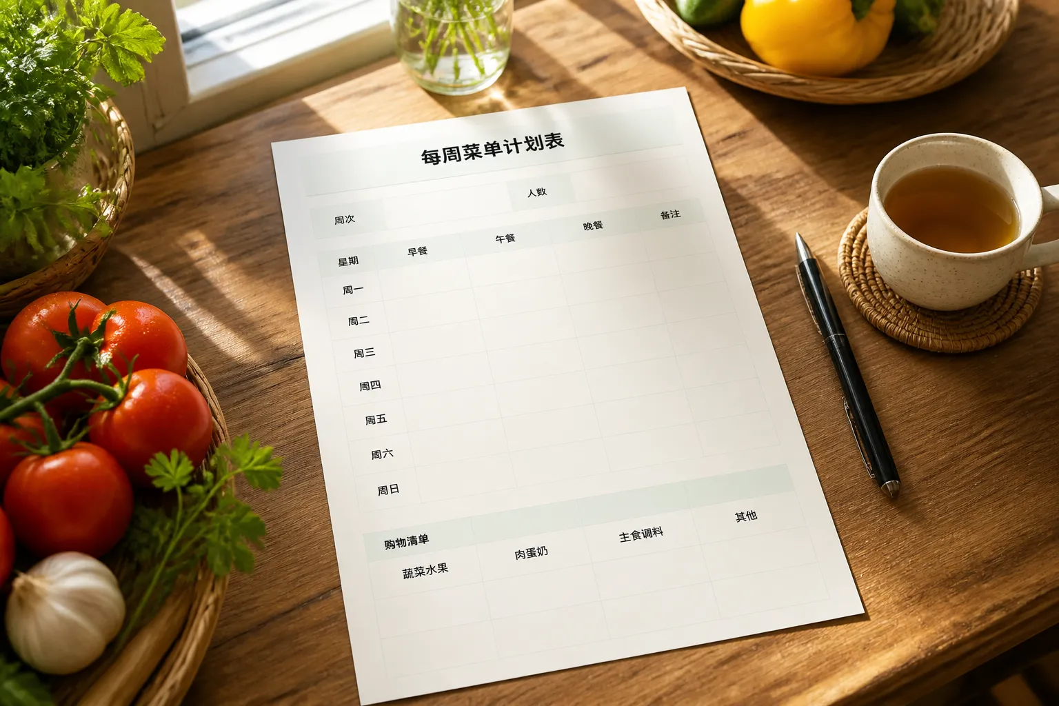 每周菜单计划表模板预览