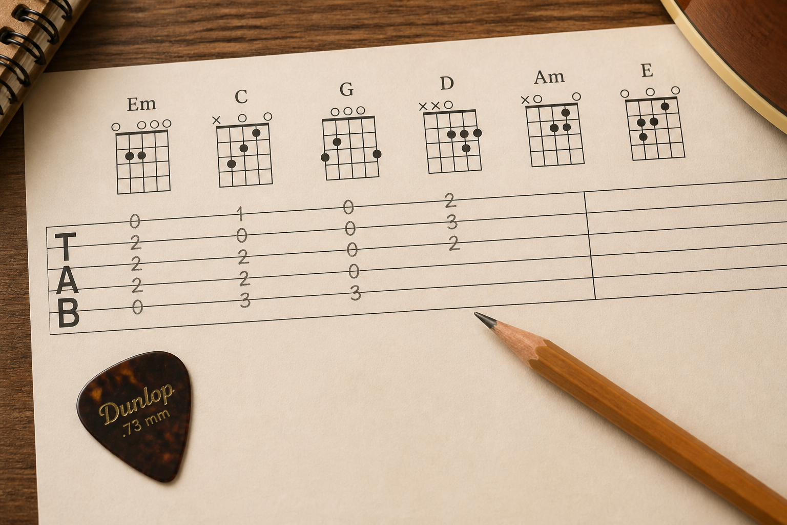 Close-up of blank guitar tablature paper with chord diagram boxes and handwritten fret numbers