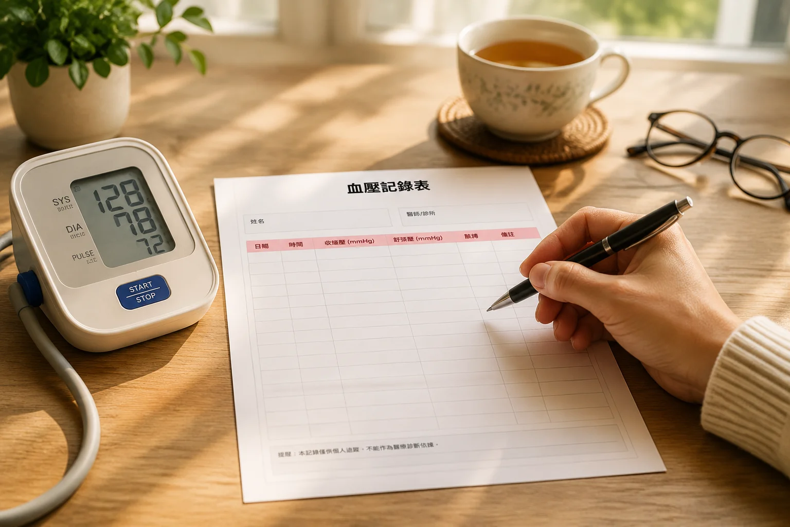 血壓記錄表示例：一張結構化的紙本記錄工具，包含日期、收縮壓、舒張壓和備註欄位