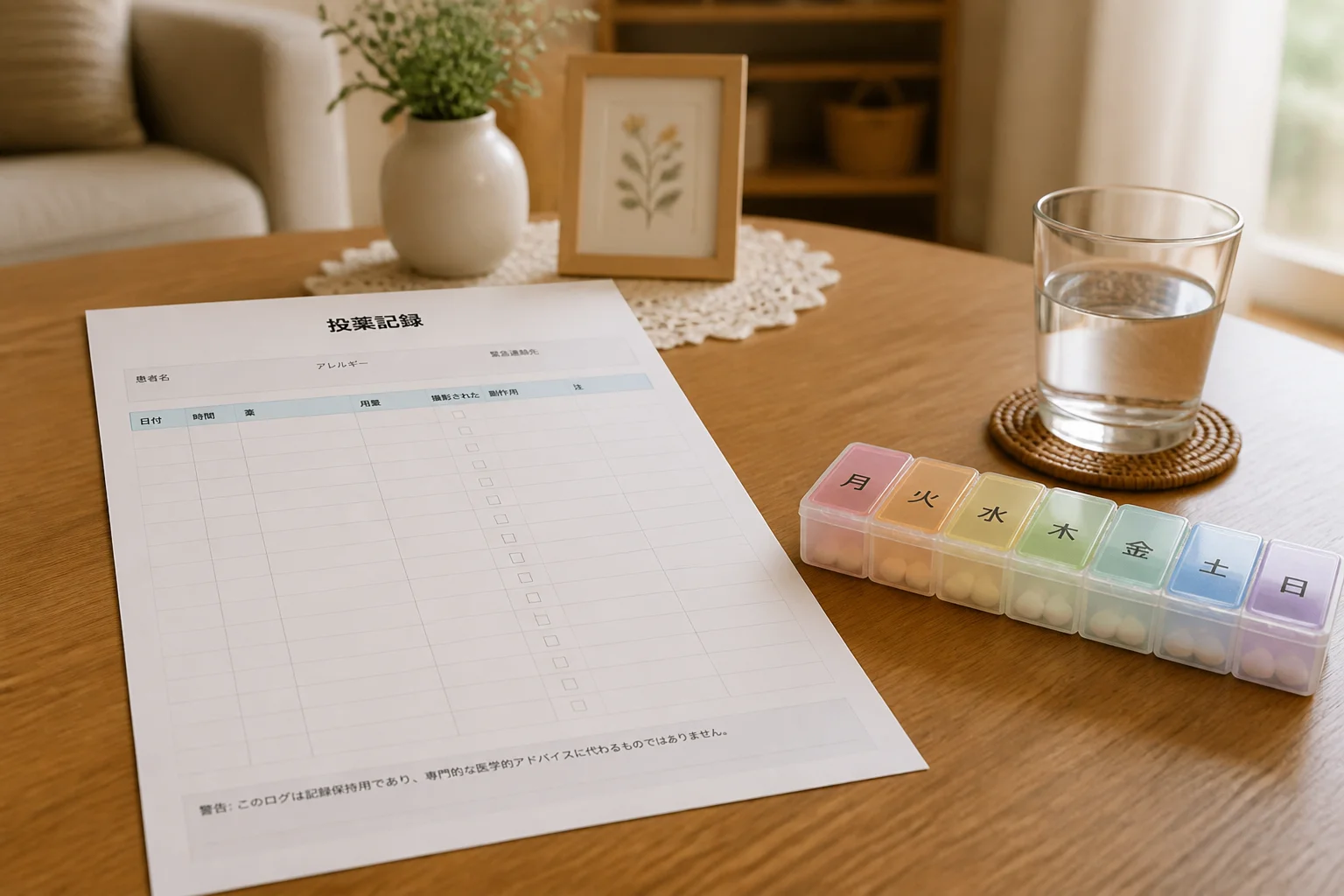 服薬チェック表と薬ケースのあるリビングの風景