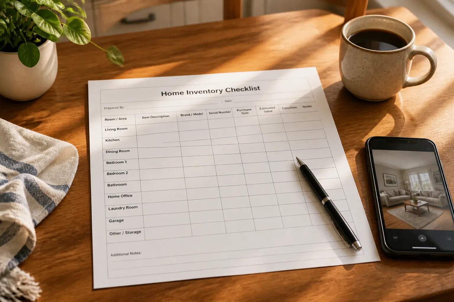 Completed home inventory checklist on a wooden desk — shows room-by-room items with serial numbers, values, and notes