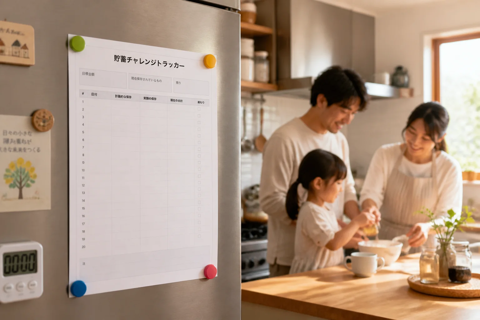 貯金チャレンジシートを冷蔵庫に貼った風景