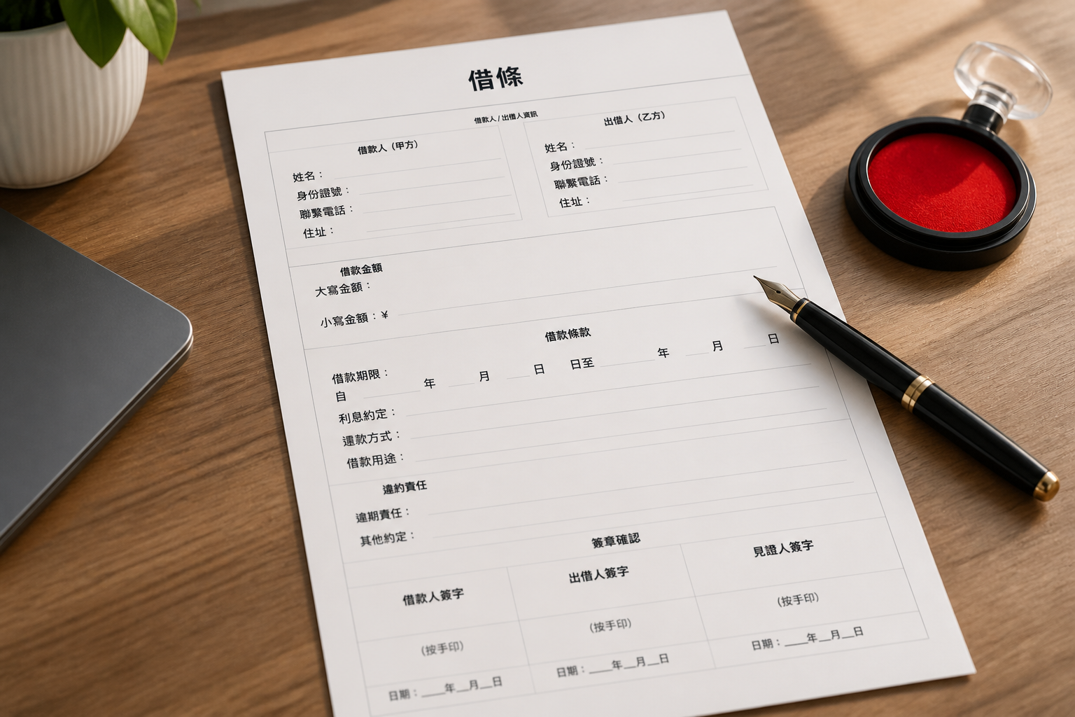 借據範本列印場景:桌上放著一份填好的借據,旁邊有鋼筆和印泥