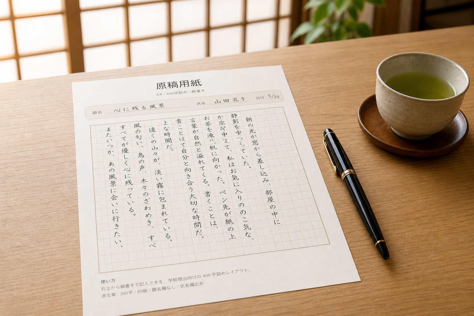 原稿用紙の書き方：和風の書斎机の上に置かれた原稿用紙と万年筆