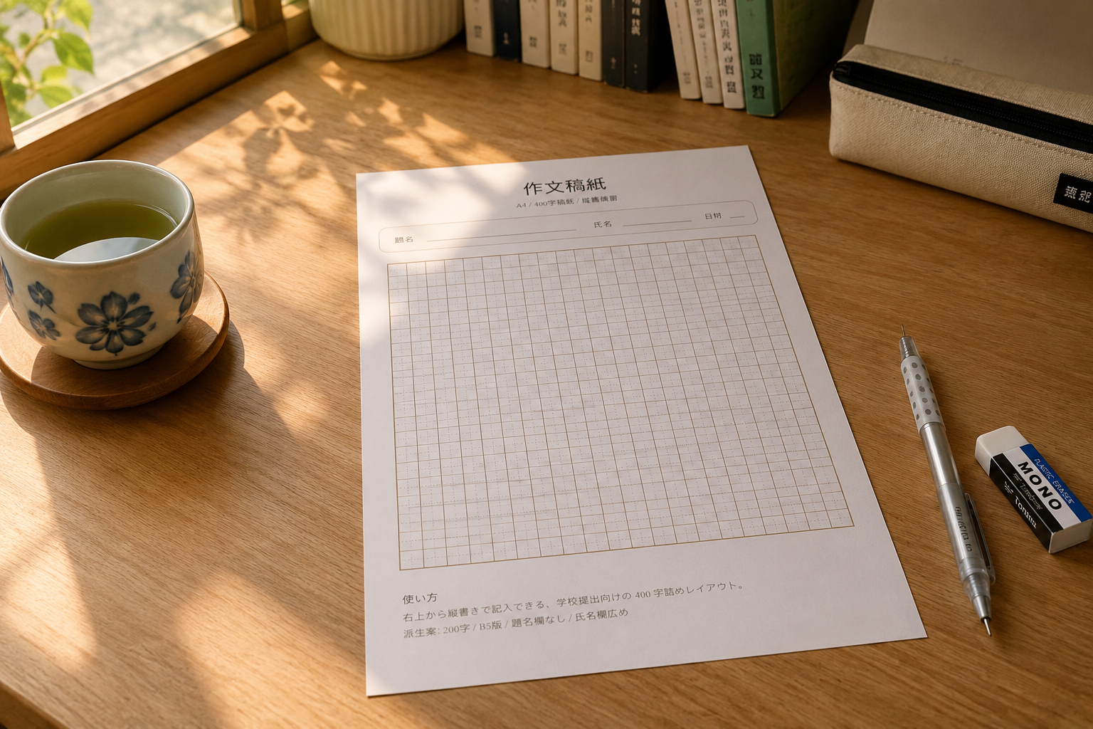 原稿用紙書寫場景:書桌上的日文原稿用紙、鉛筆與練習環境