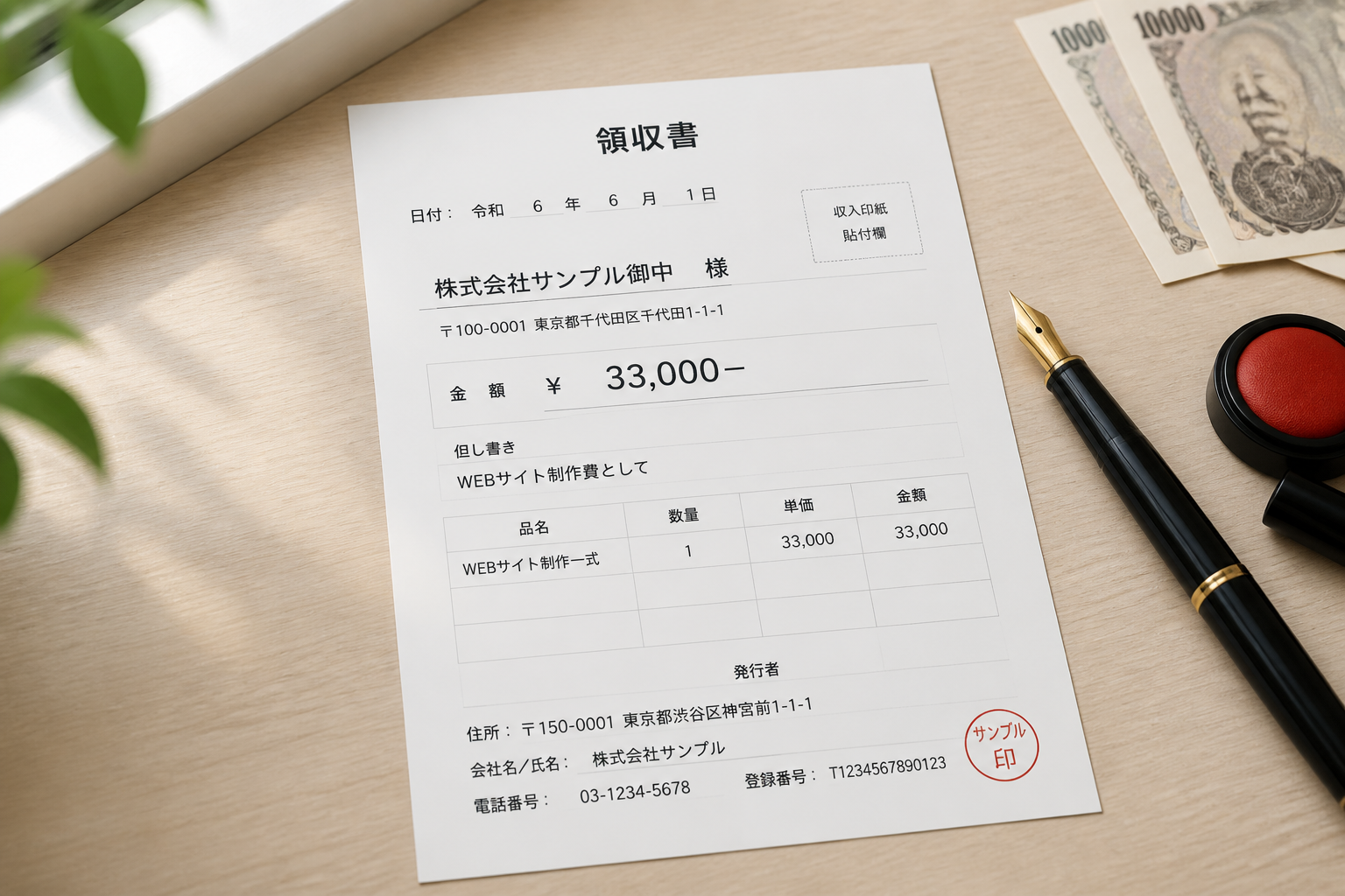 領収書の作成風景：オフィステーブル上の領収書テンプレートと印鑑