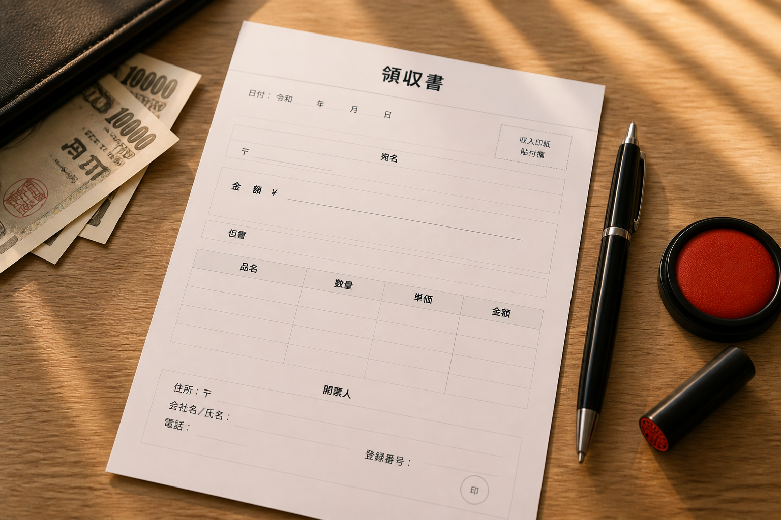 領収書填寫場景:辦公室桌上的日文領収書、印章與筆