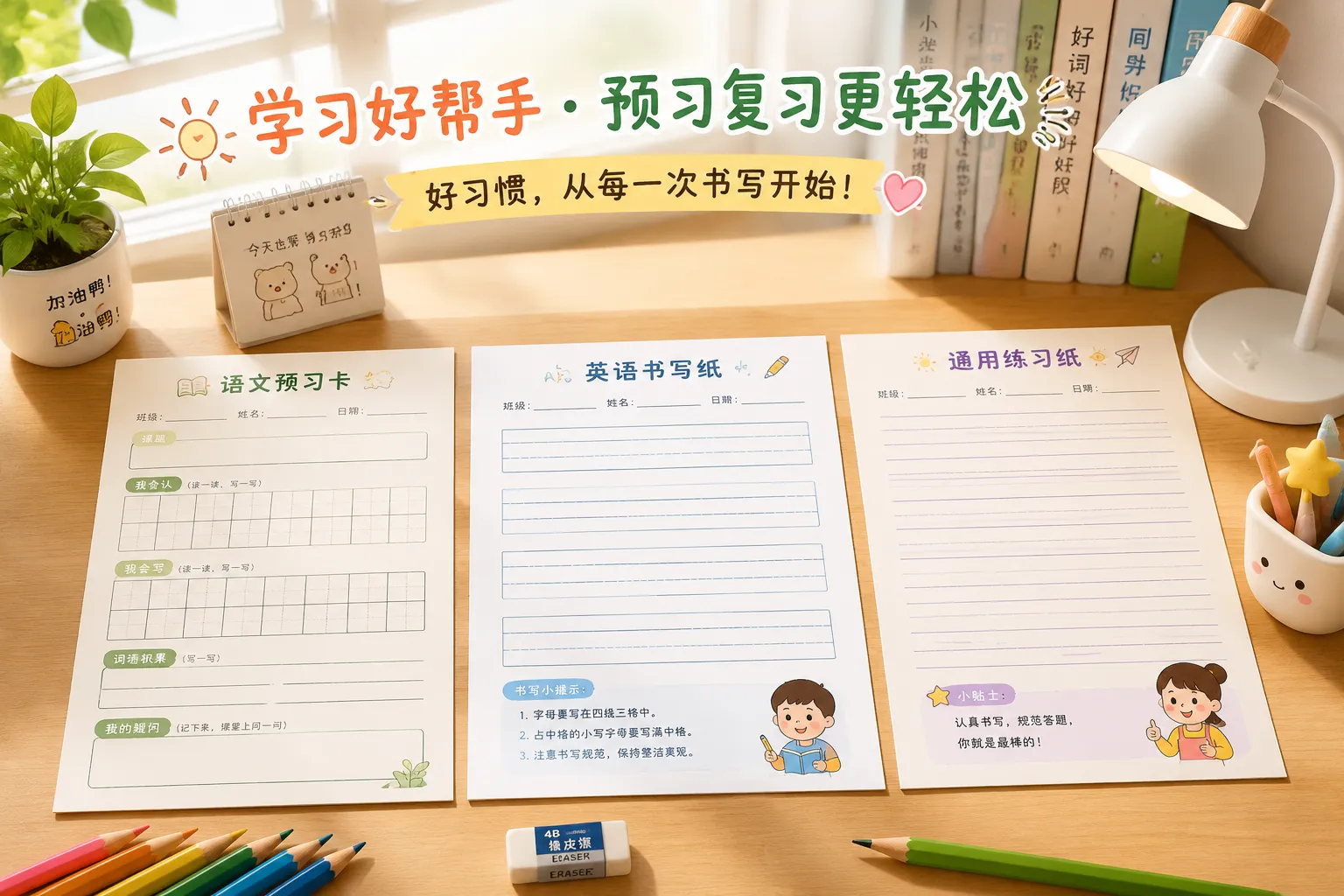 语文预习卡和英语作业纸模板免费打印:小学生学习辅助三件套