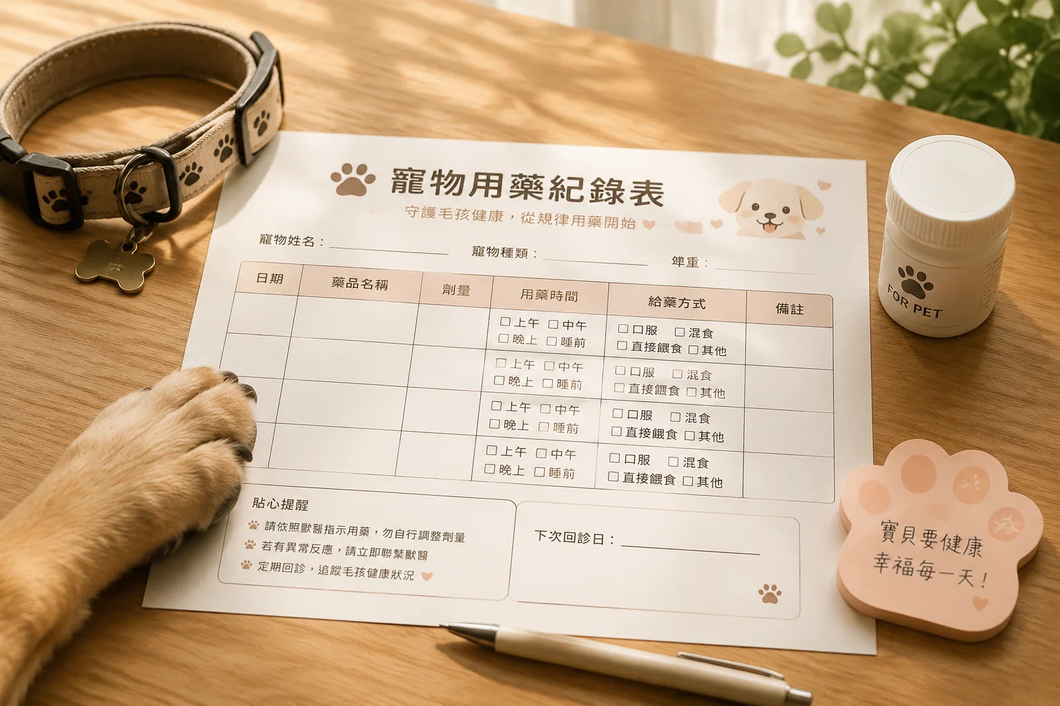 寵物用藥記錄表＋寵物託管資訊單免費列印範本：毛小孩健康照護不再手忙腳亂，出遠門也能安心交給寵物保姆照顧