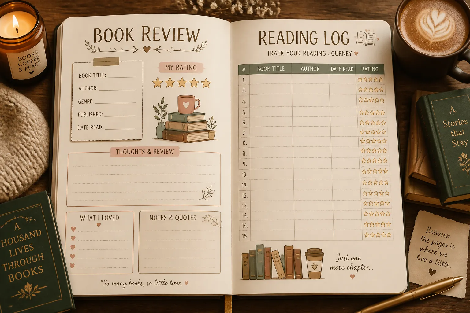 A reading journal spread showing a book review template paired with a reading log tracker