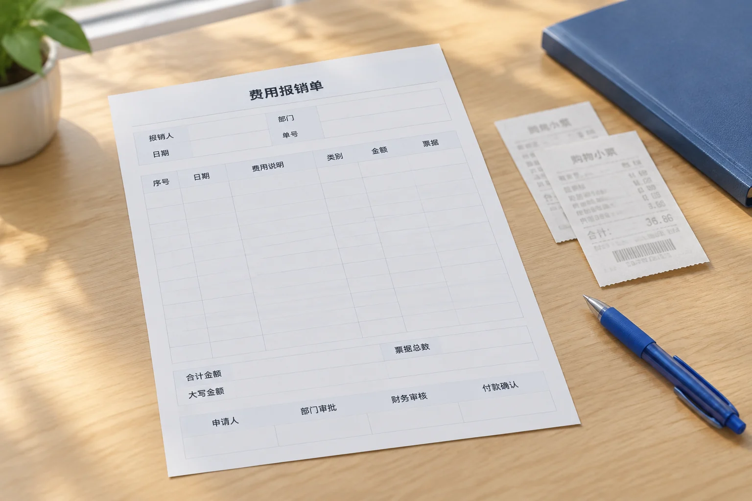 PrintlyTool 费用报销单放在办公桌上的示意图