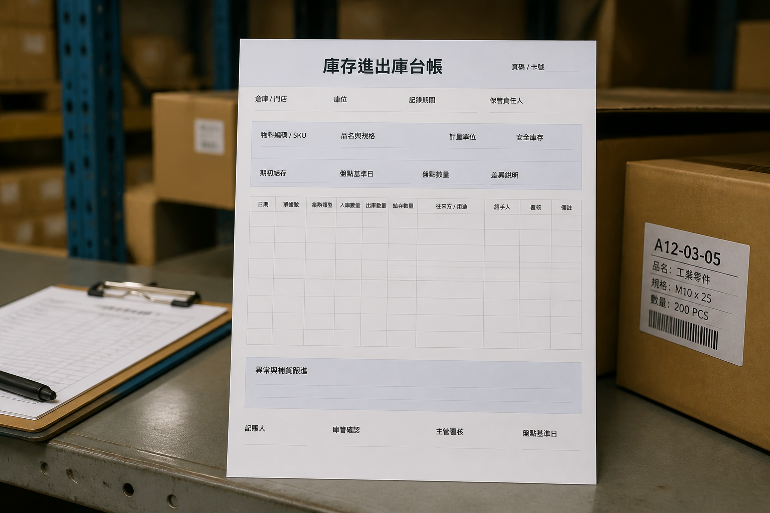 庫存台帳場景圖:倉庫貨架旁的進出貨記錄表,放在寫字板上方便隨時填寫