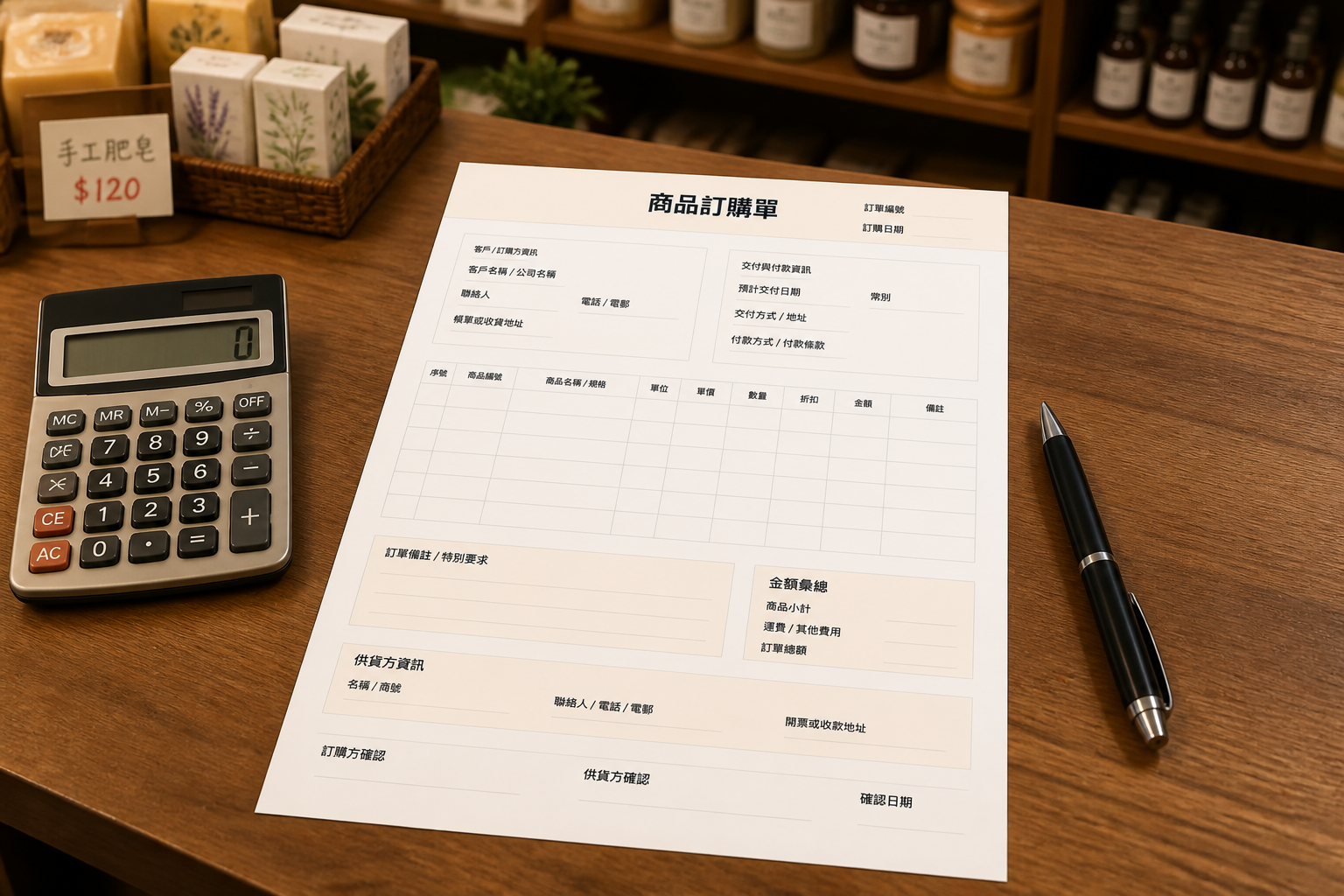 商品訂購單場景圖:櫃檯上的採購表單,旁邊有計算機和筆,背景是小型商店