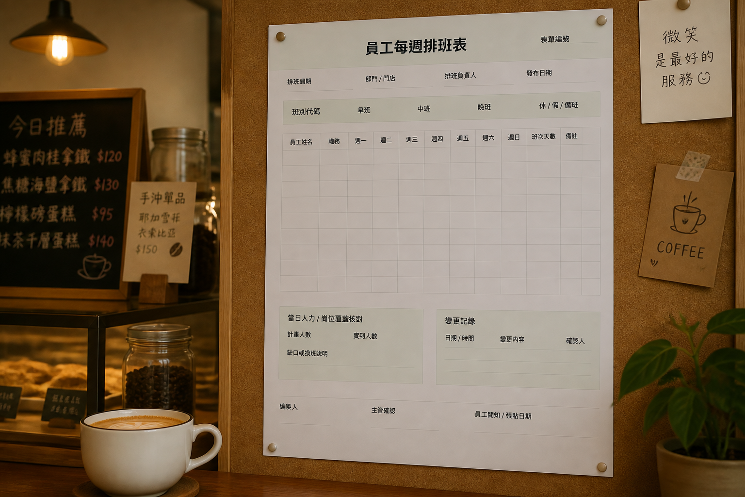 排班表場景圖:小型咖啡廳的公告欄上張貼著每週排班表,旁邊是咖啡杯