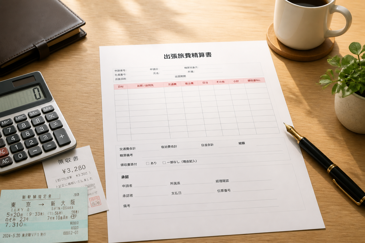 出張精算の風景：机上の出張旅費精算書と電卓・領収書