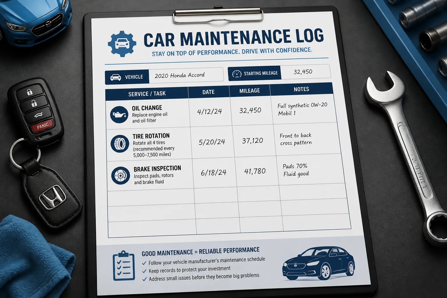 Vehicle maintenance log sheet showing service categories with mileage and date tracking columns