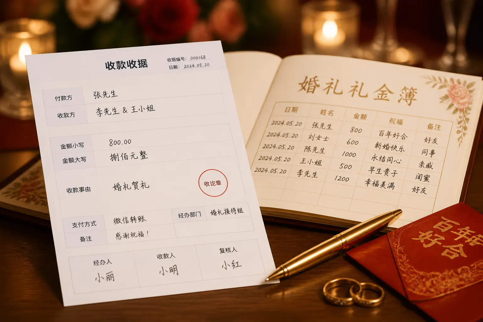 礼金簿与收款收据文档特写