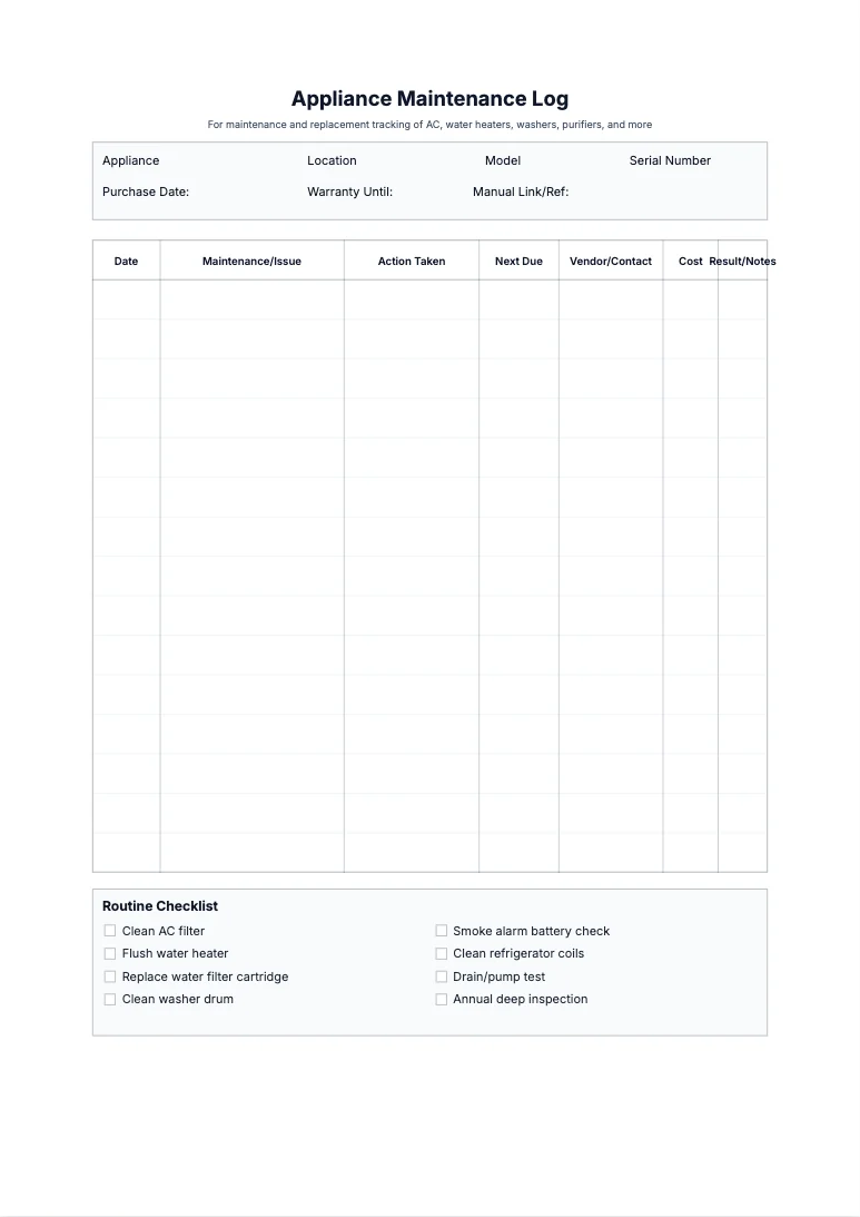 Free Appliance Maintenance Log Template - Service Tracking Printable