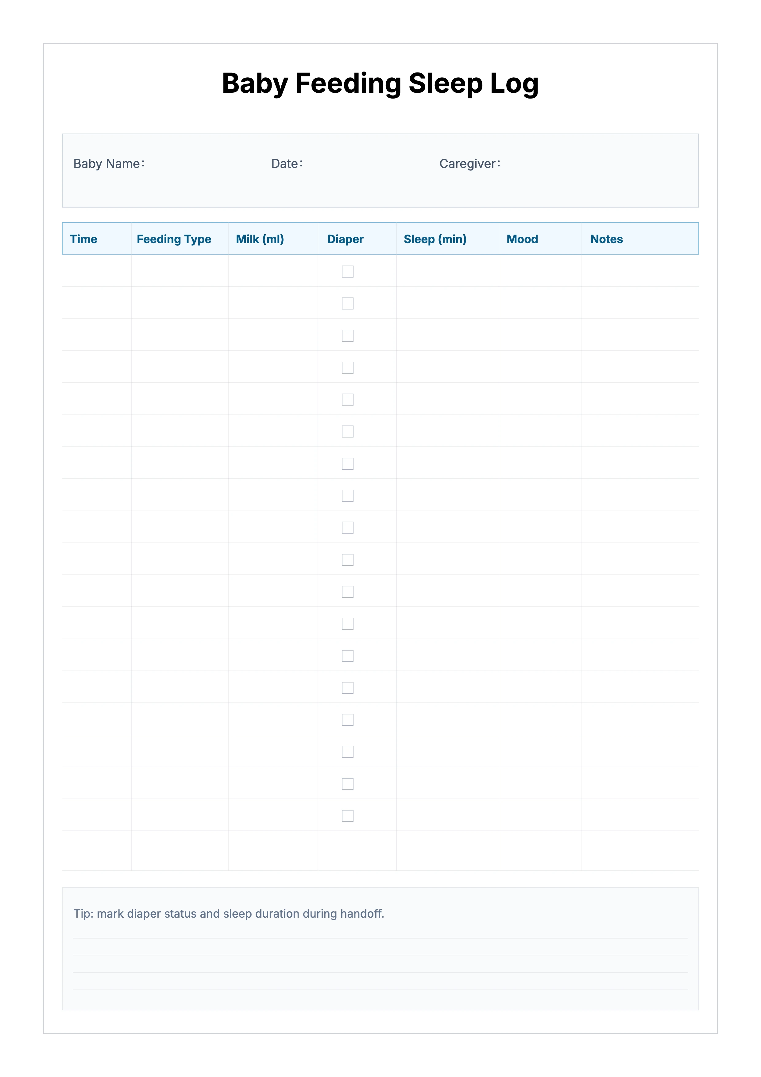 Free Baby Feeding Sleep Log Template - Feeding Diaper Sleep Daily Sheet