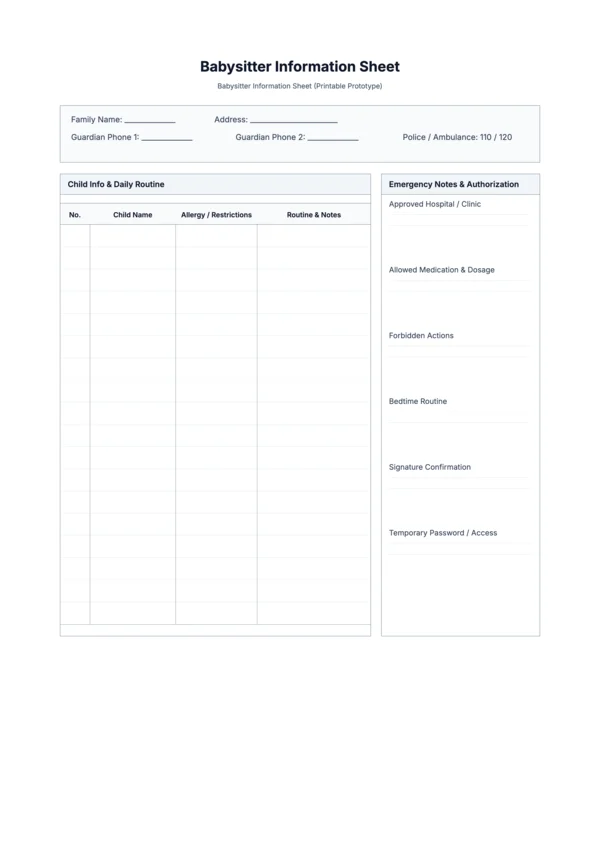 Free Babysitter Information Sheet Template