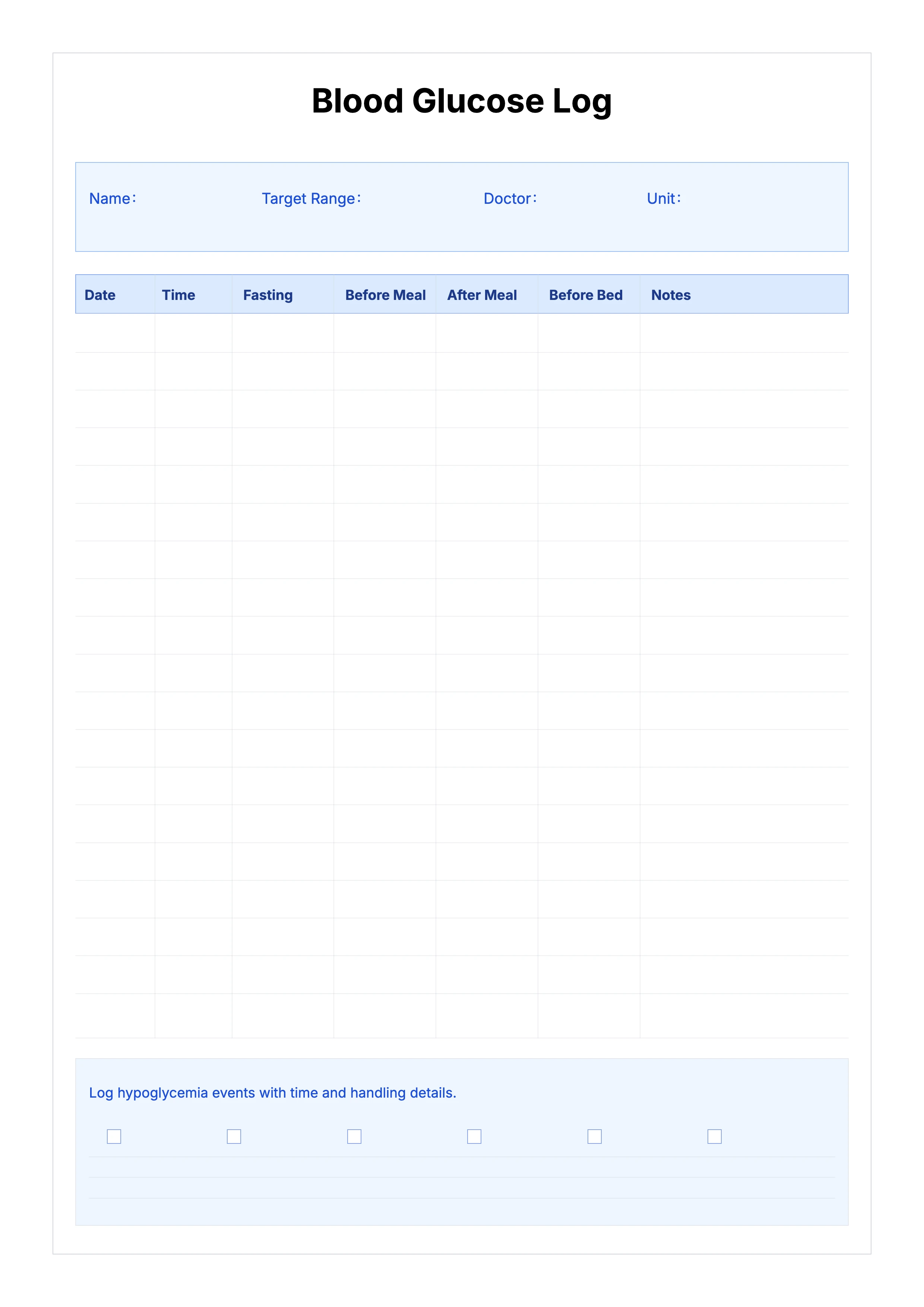 Free Blood Glucose Log Template - Fasting Pre/Post Meal Bedtime Tracker