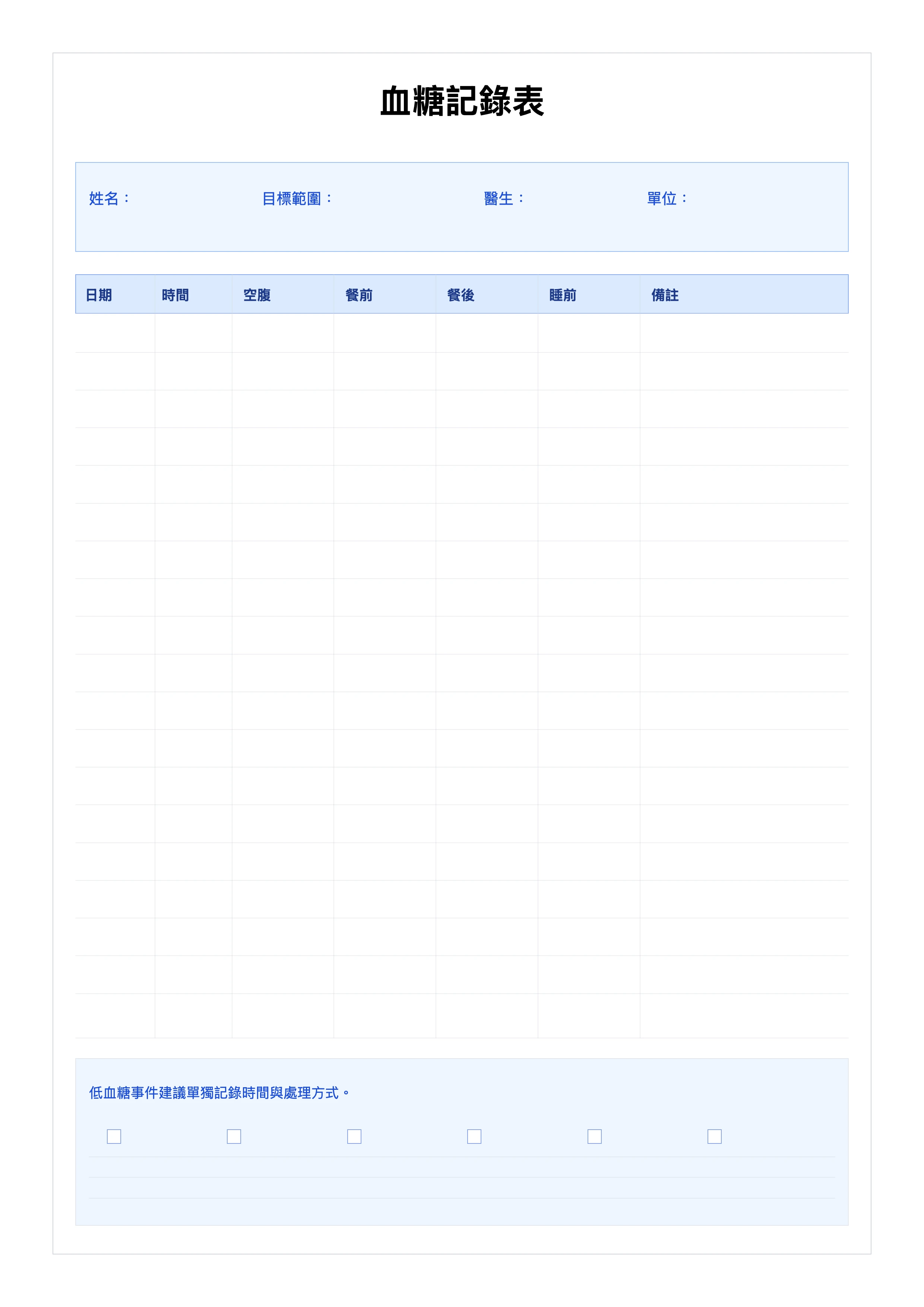 免費血糖記錄表範本 - 空腹餐前餐後睡前追蹤