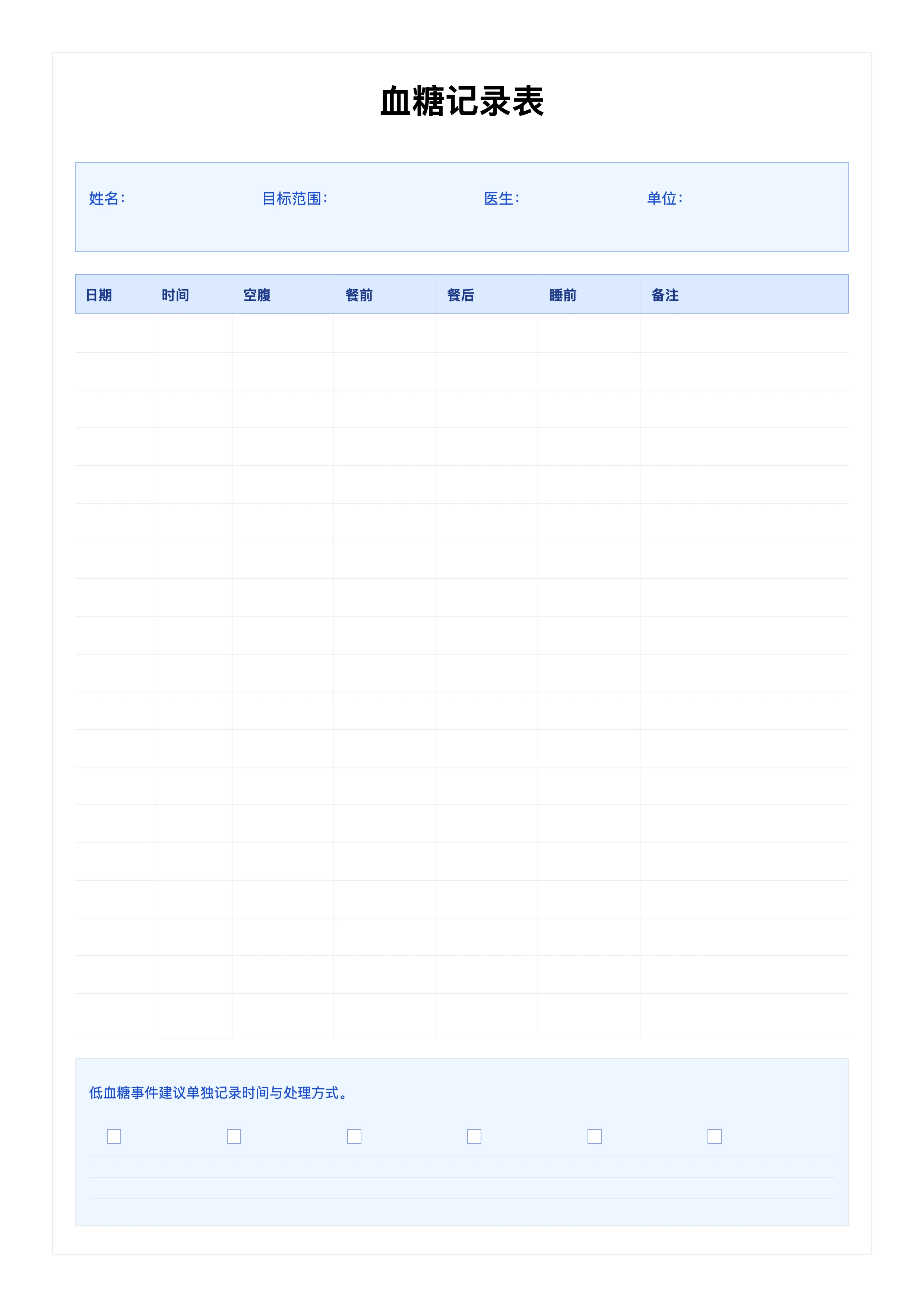 免费血糖记录表模板 - 空腹餐前餐后睡前追踪