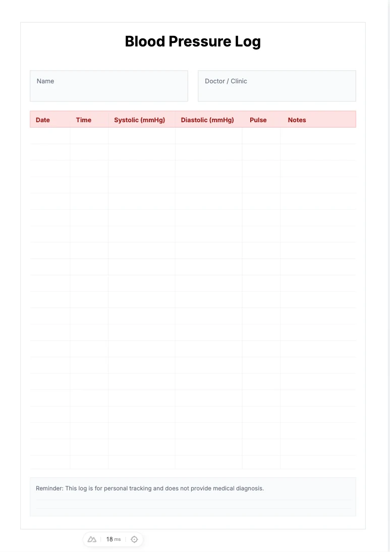 Free Blood Pressure Log Template - Health Tracking Printable