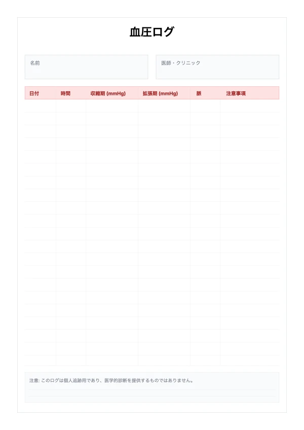 無料の血圧ログ テンプレート - 健康追跡を印刷可能