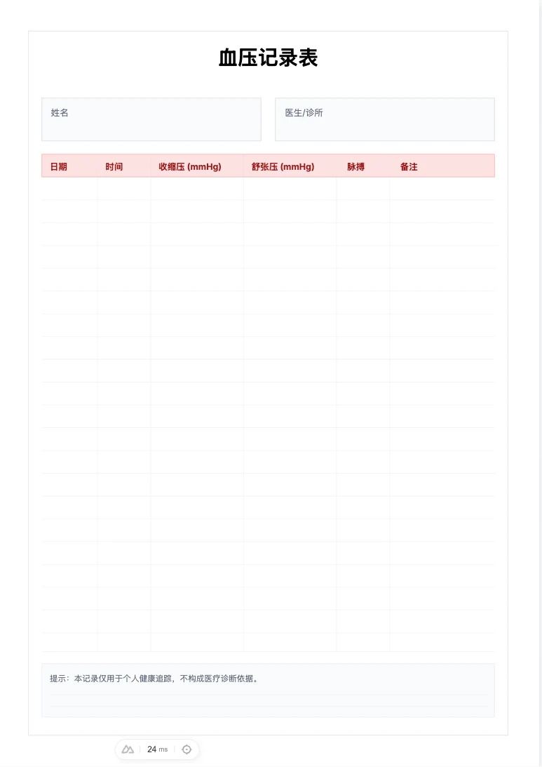 免费血压记录表模板 - 健康监测日志打印