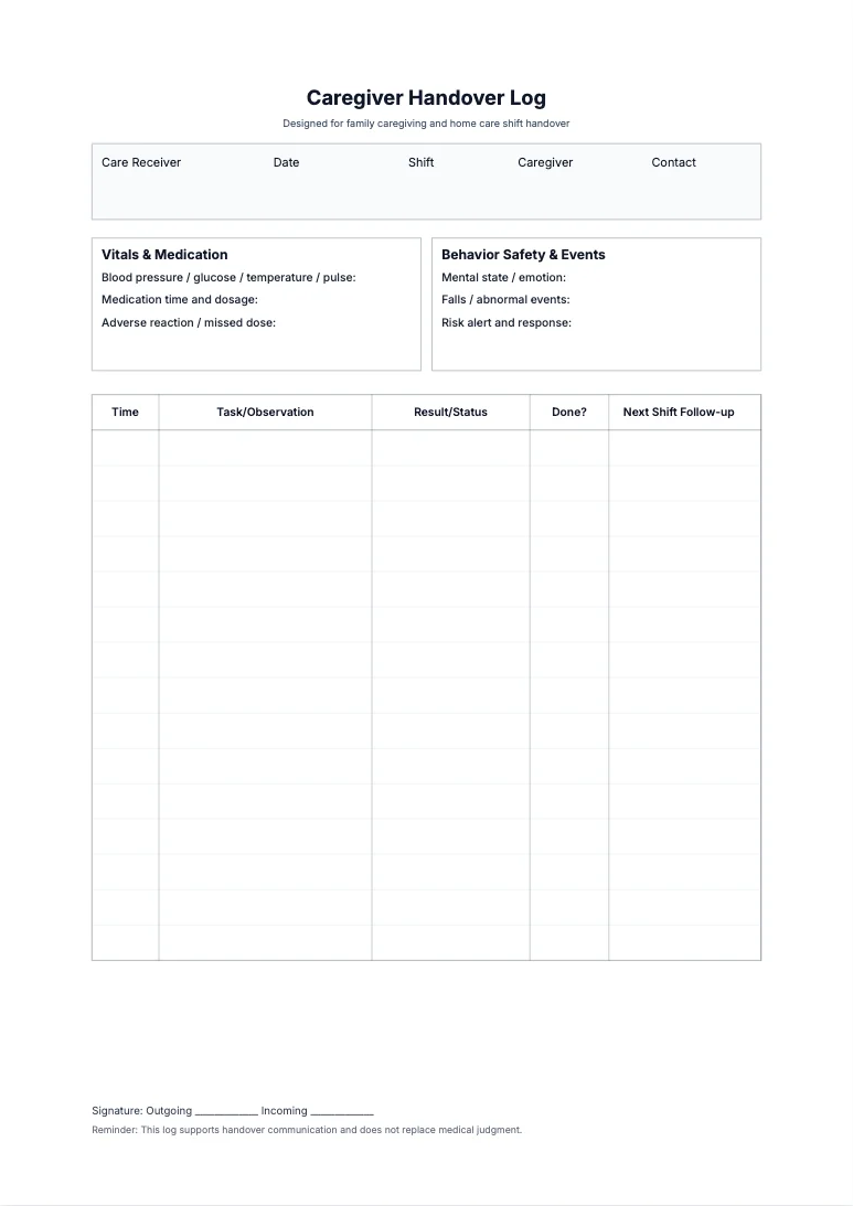 Free Caregiver Handover Log Template - Shift Transition Printable
