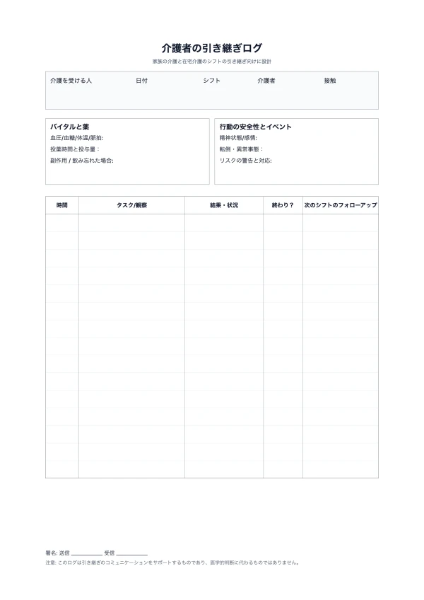 無料の介護者引き継ぎログ テンプレート - シフト移行の印刷可能