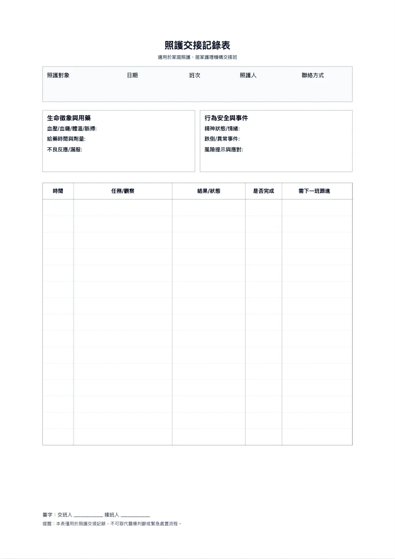 免費照護交接記錄表範本 - 班次交接追蹤列印