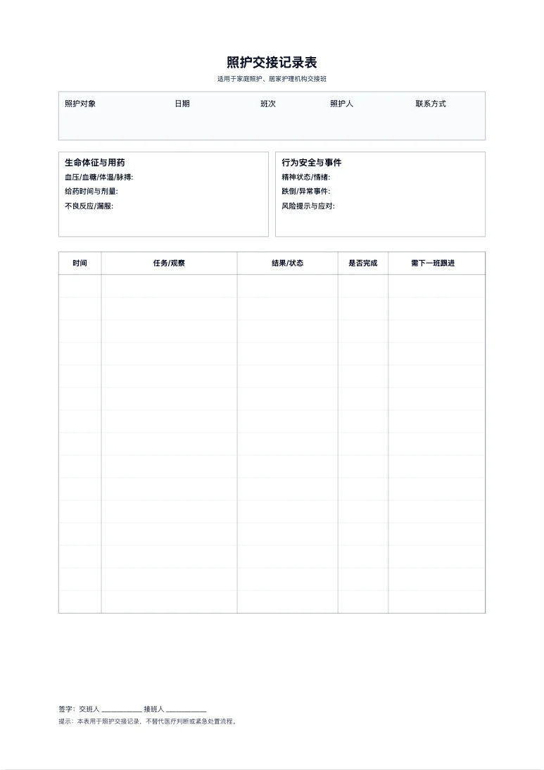 免费照护交接记录表模板 - 班次交接追踪打印