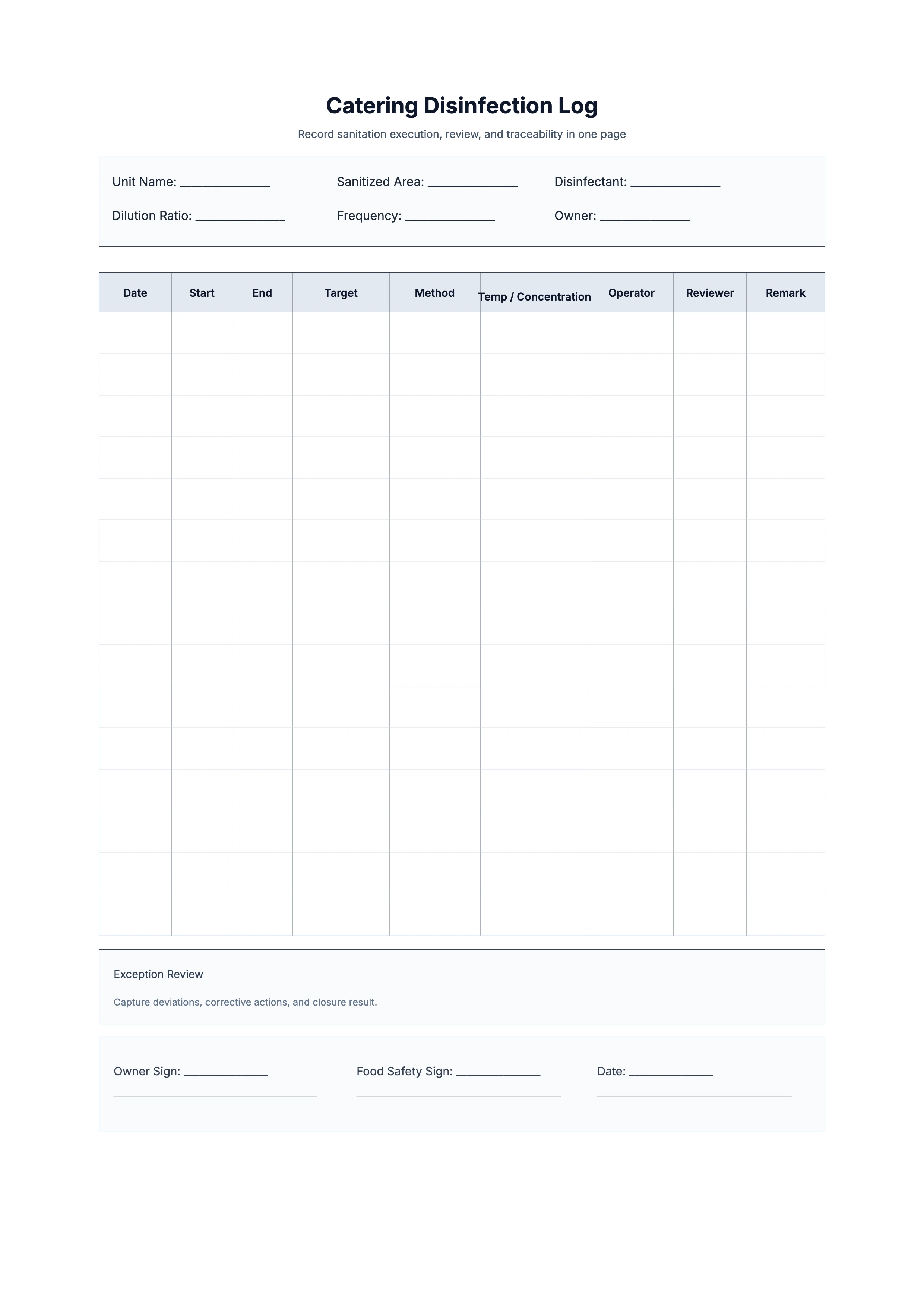 Free Catering Disinfection Log Template - Food Safety Sanitization Sheet