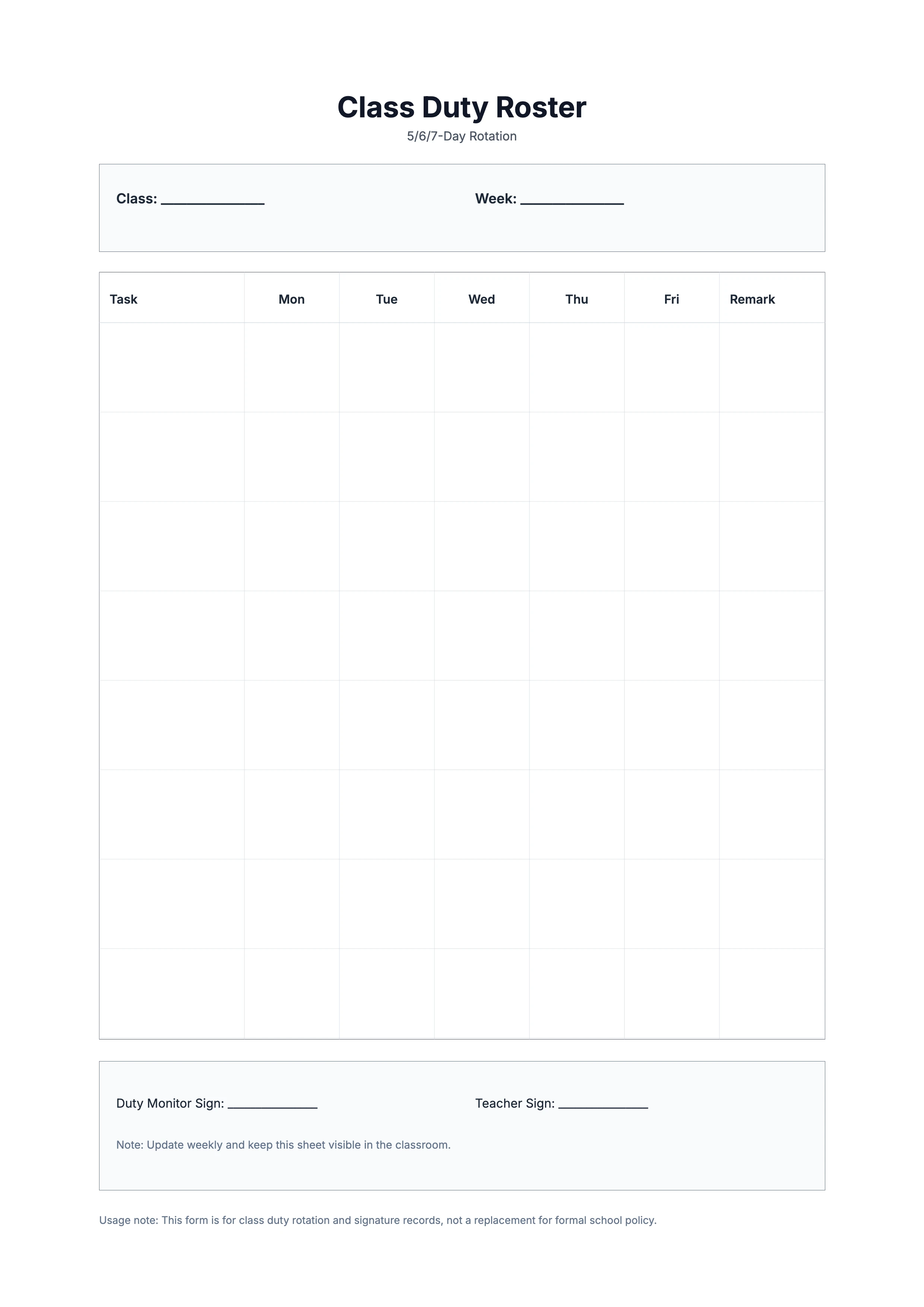 Free Class Duty Roster Template - Weekly Duty Rotation and Signature Record