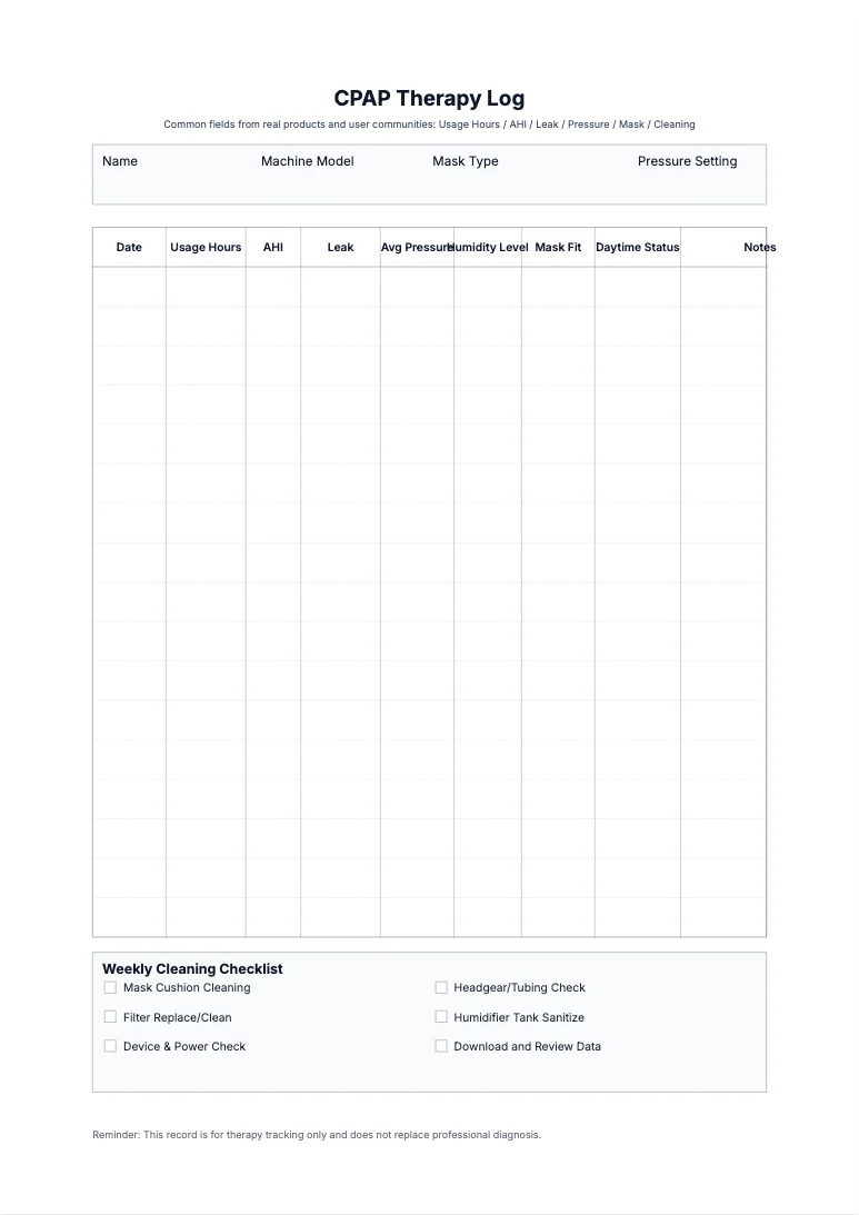 Free CPAP Therapy Log Template - Daily Sleep Treatment Tracker