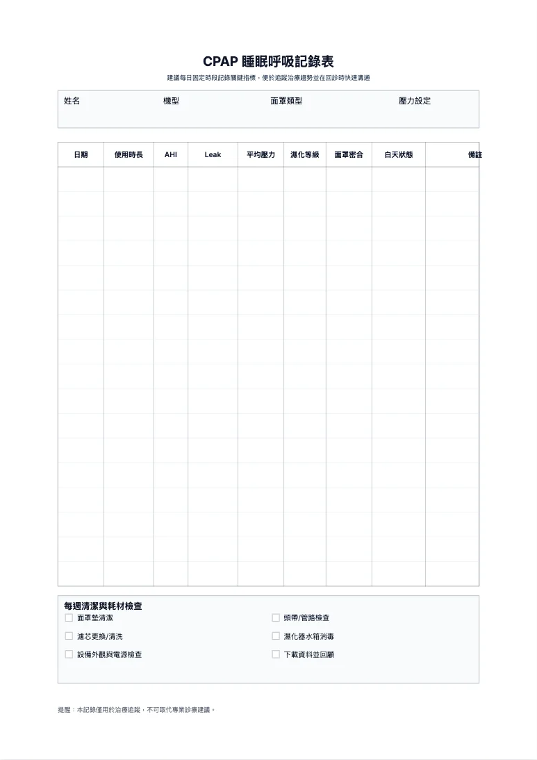免費 CPAP 睡眠呼吸記錄表範本 - 每日治療追蹤列印