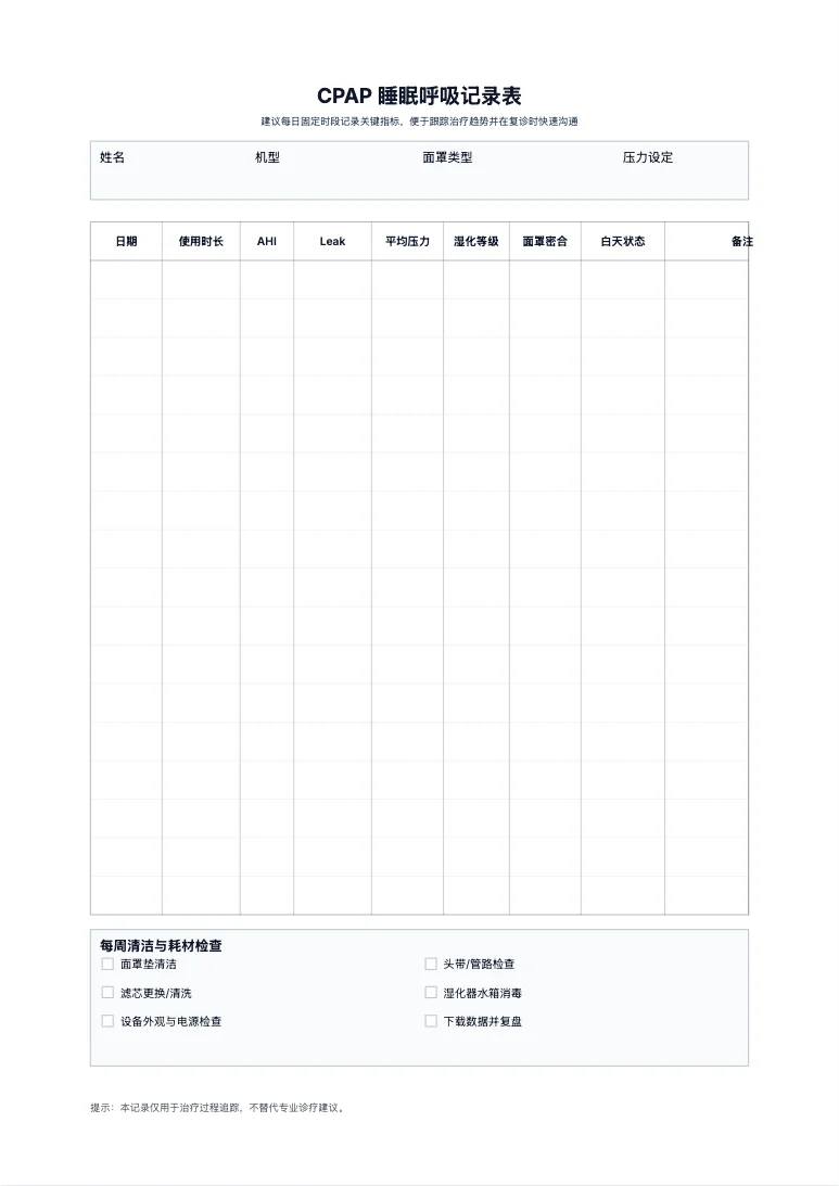 免费 CPAP 睡眠呼吸记录表模板 - 每日治疗追踪打印