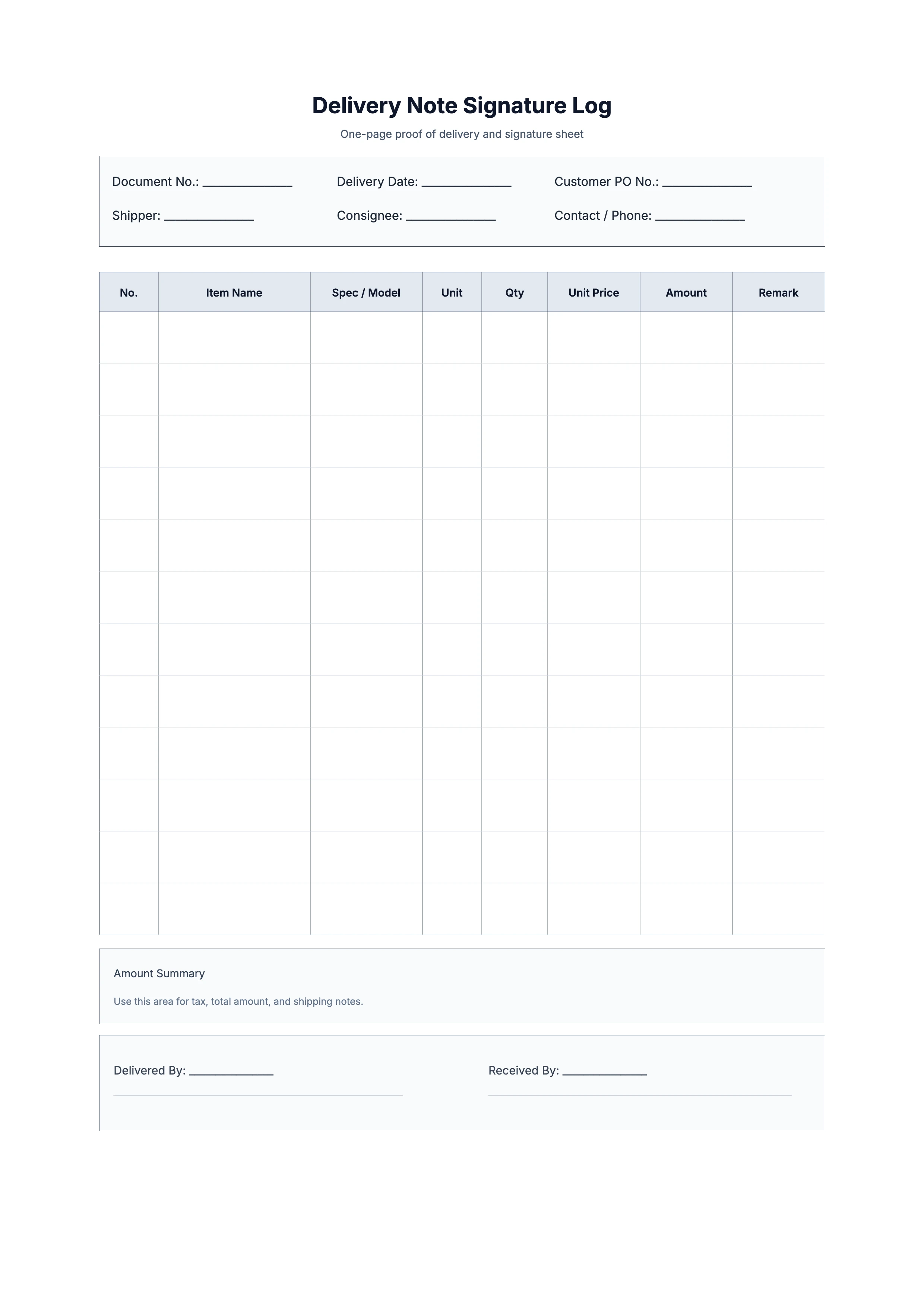 Free Delivery Note Signature Log Template - POD Record Sheet
