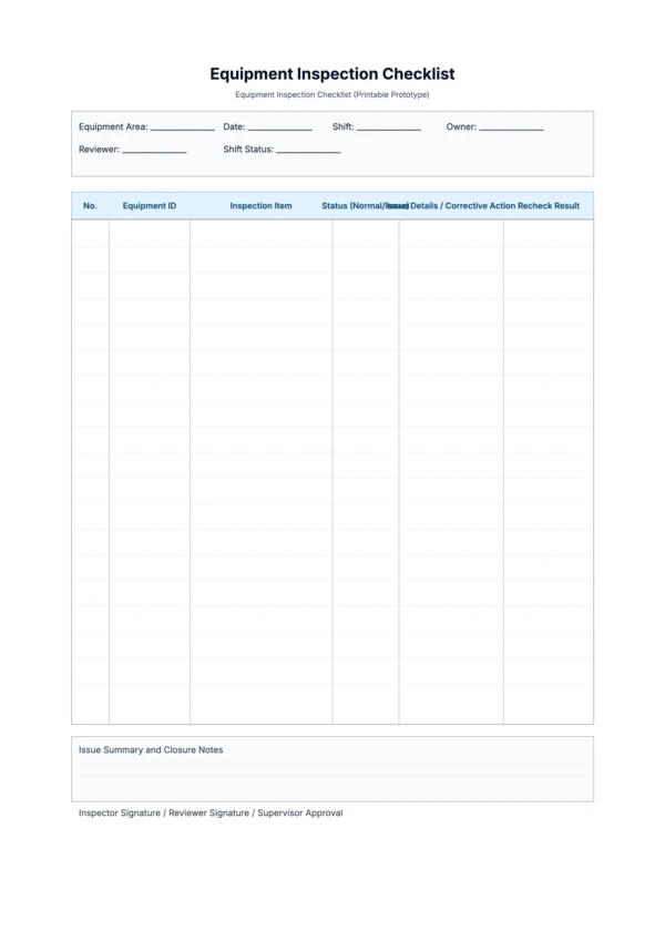Free Equipment Inspection Checklist Template