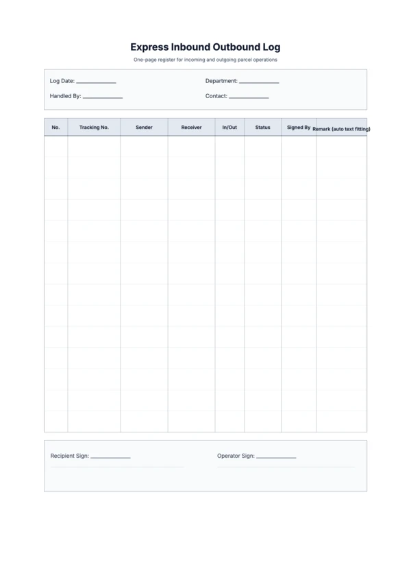 Free Express Inbound Outbound Log Template - Parcel Intake Dispatch Sheet