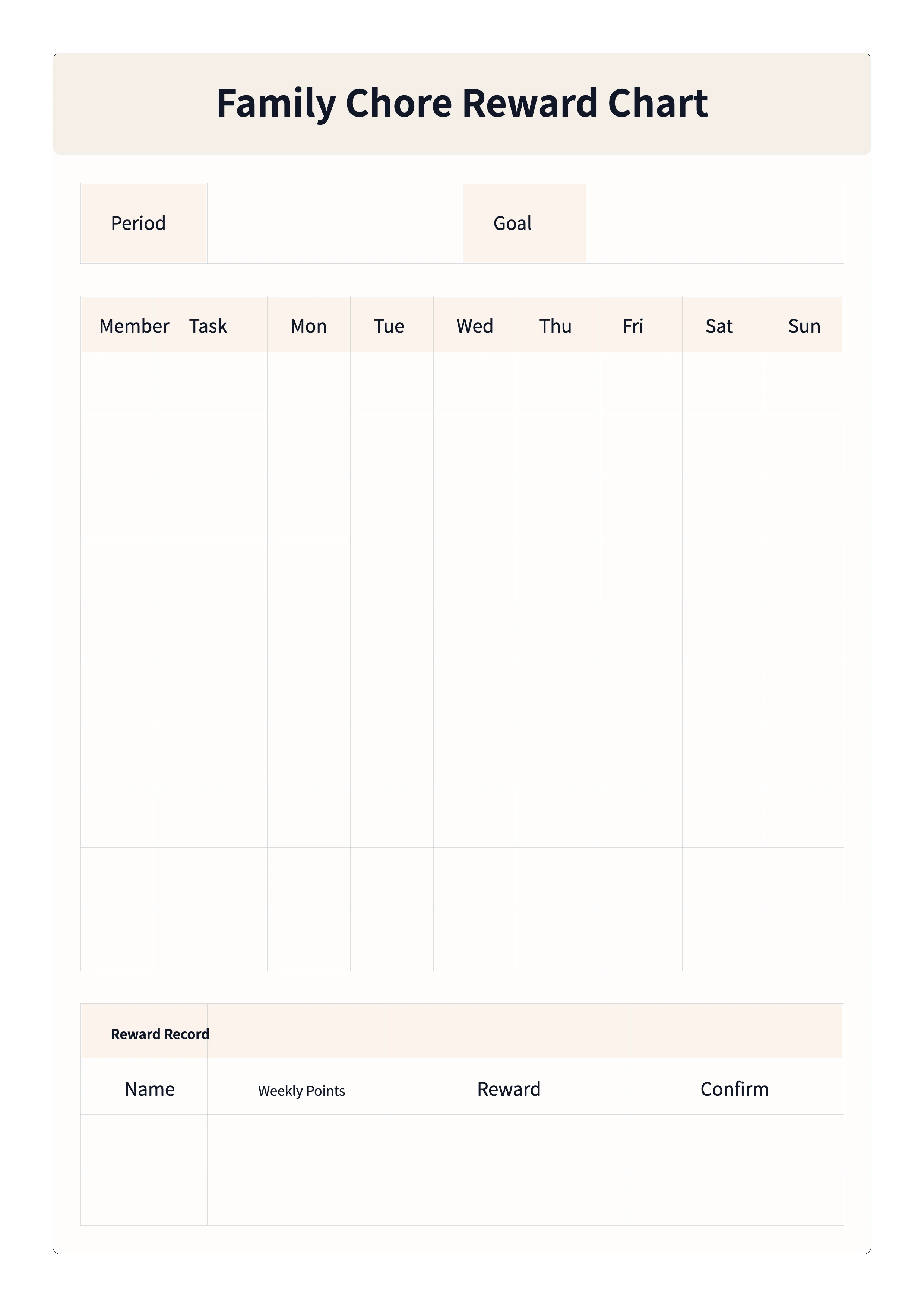 Free Family Chore Reward Chart Template - Weekly Tasks and Points