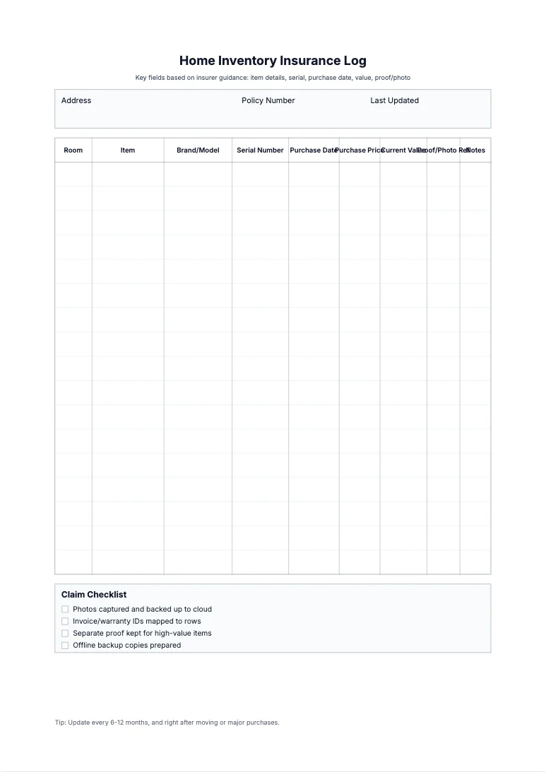 Free Home Inventory Insurance Log Template - Claims Prep Printable