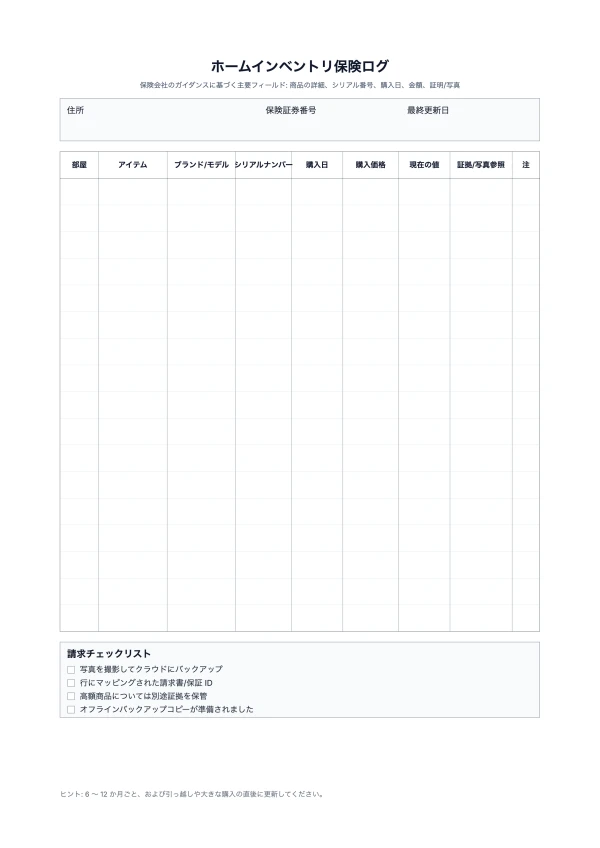 無料の住宅在庫保険ログ テンプレート - 保険請求の準備を印刷可能