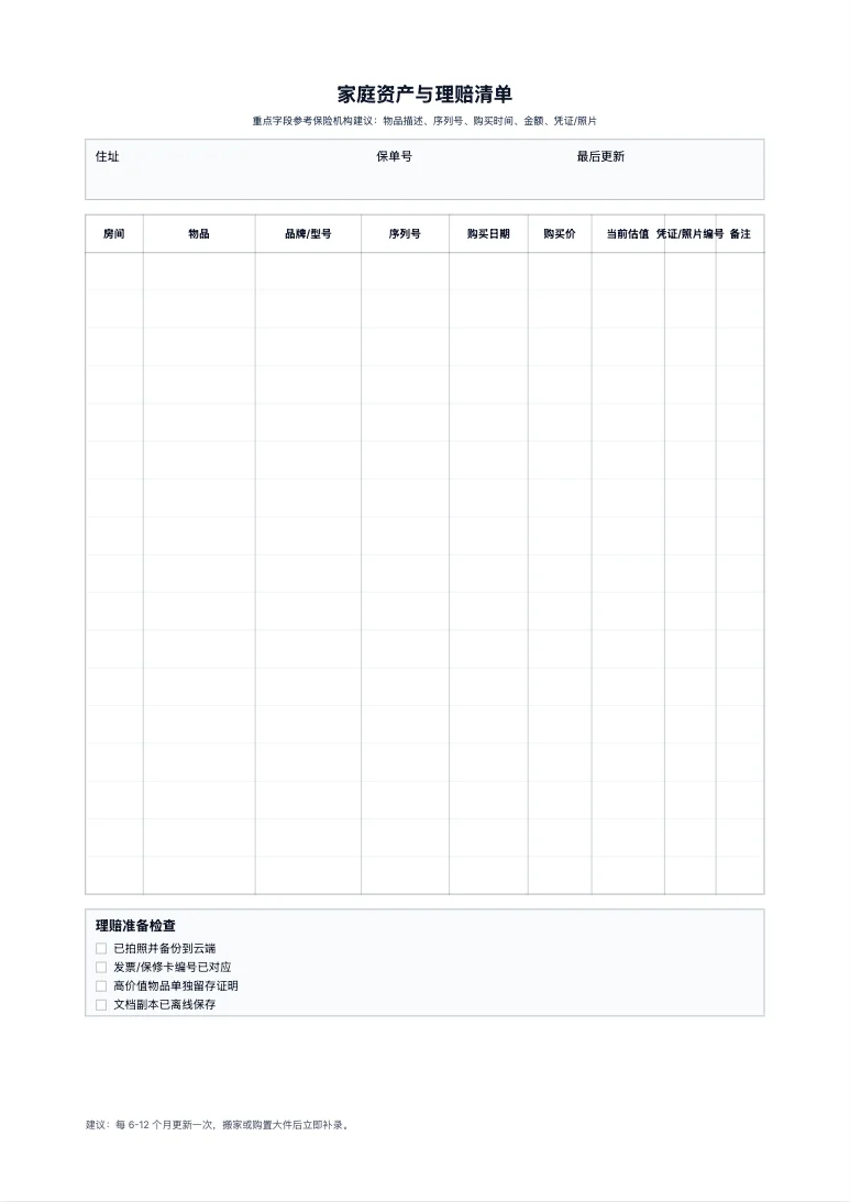 免费家庭资产与理赔清单模板 - 保险理赔资料打印