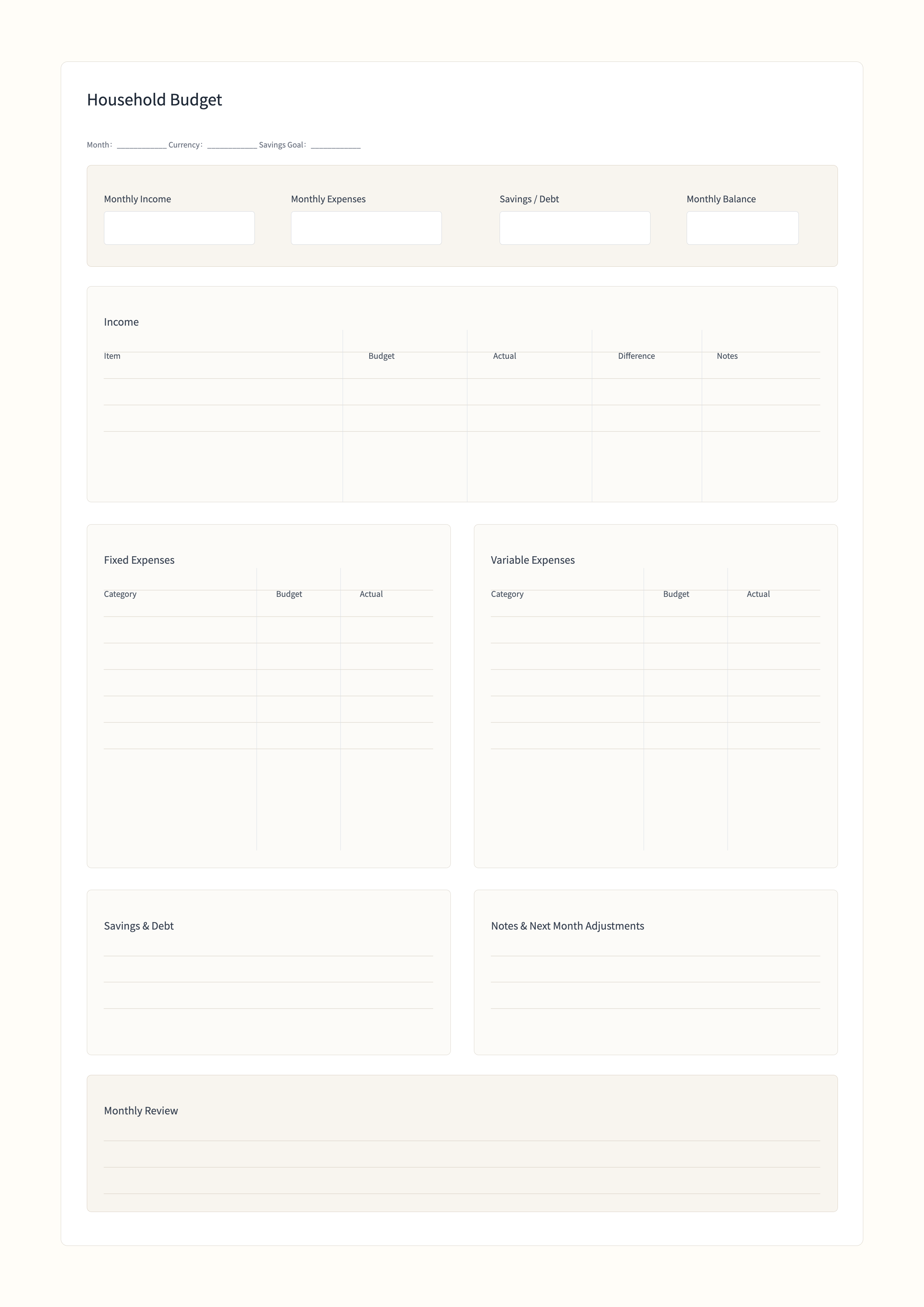 Free Household Budget Template - Income, Expenses, Savings, and Monthly Review